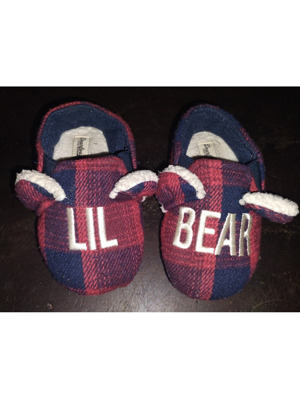 Dearfoams Lil Bear Baby Slippers - Red and Navy Plaid